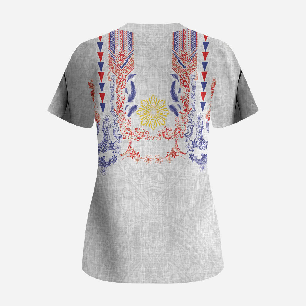 Philippines Barong Style Scrub Top Polynesian Kakau Art Tattoos with Tribal Filipino Sun