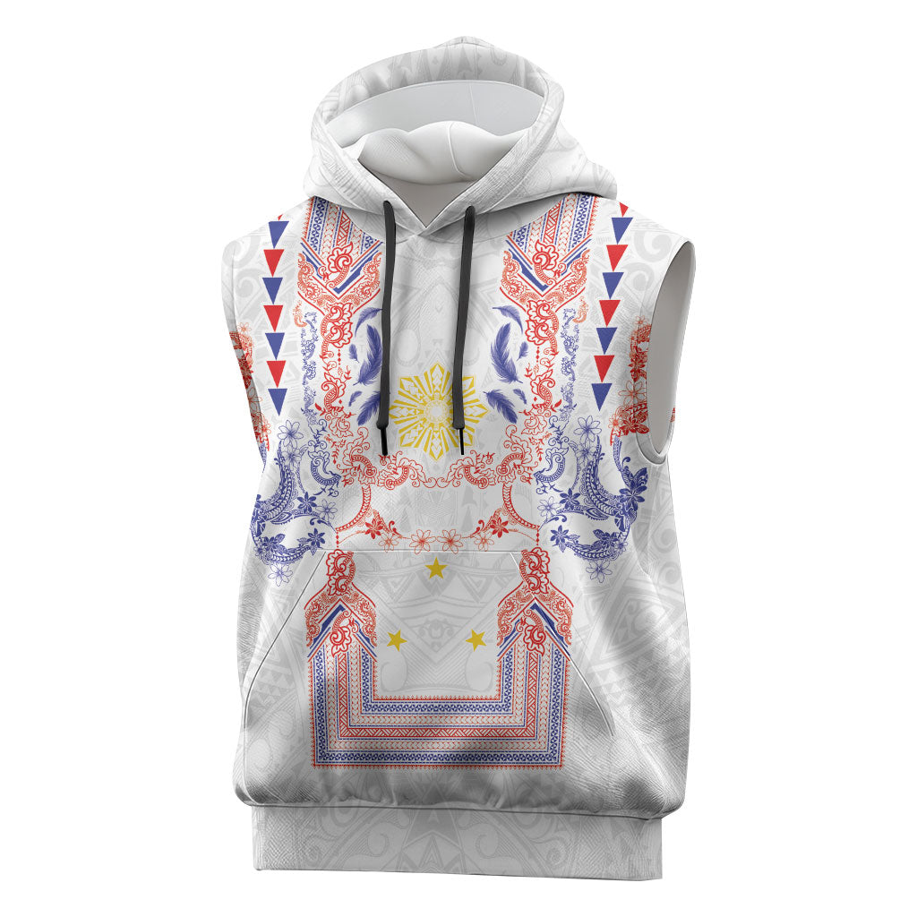 Philippines Barong Style Sleeveless Hoodie Polynesian Kakau Art Tattoos with Tribal Filipino Sun LT03 White - Polynesian Pride