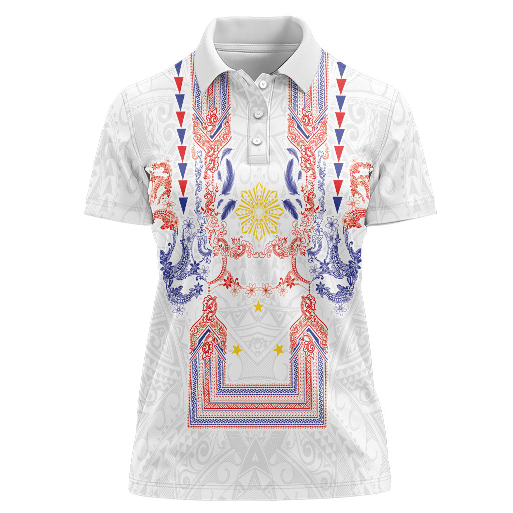Philippines Barong Style Women Polo Shirt Polynesian Kakau Art Tattoos with Tribal Filipino Sun LT03 Female White - Polynesian Pride