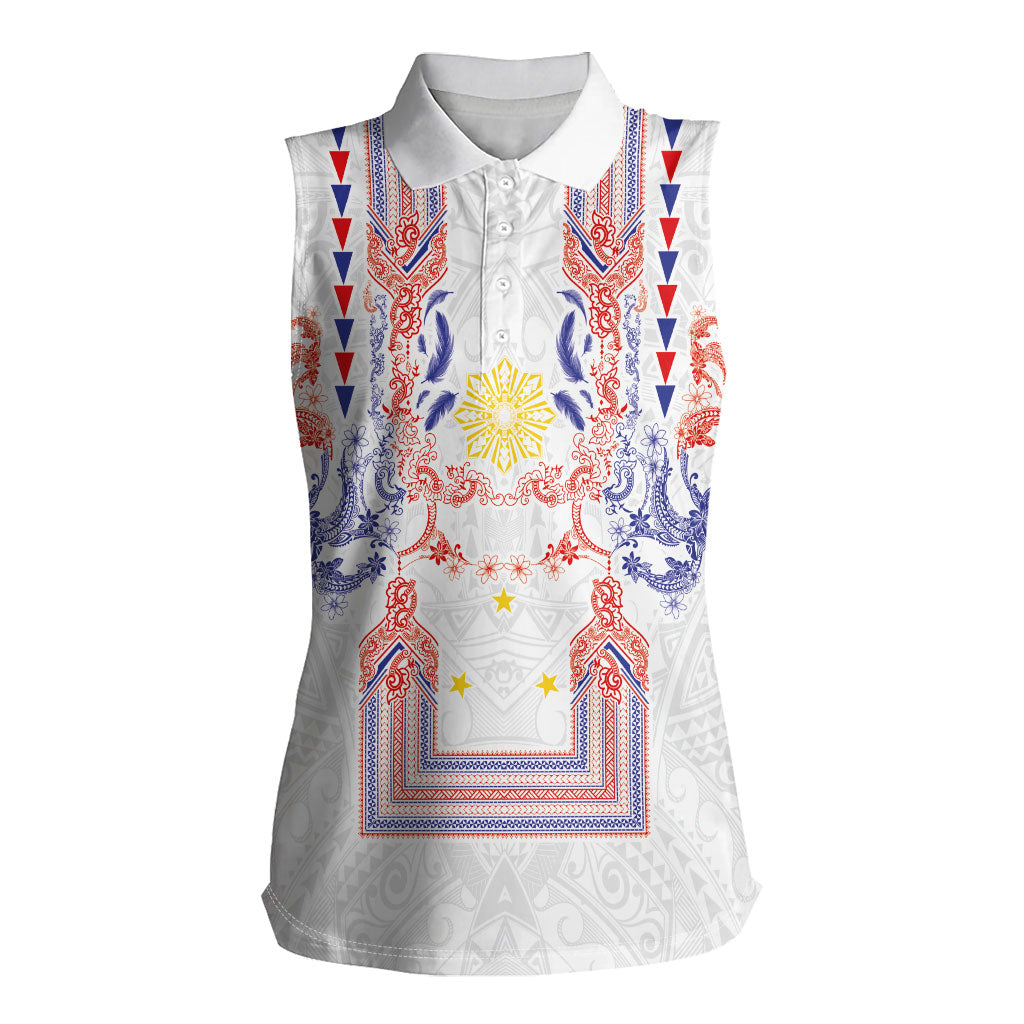 Philippines Barong Style Women Sleeveless Polo Shirt Polynesian Kakau Art Tattoos with Tribal Filipino Sun LT03 Female White - Polynesian Pride