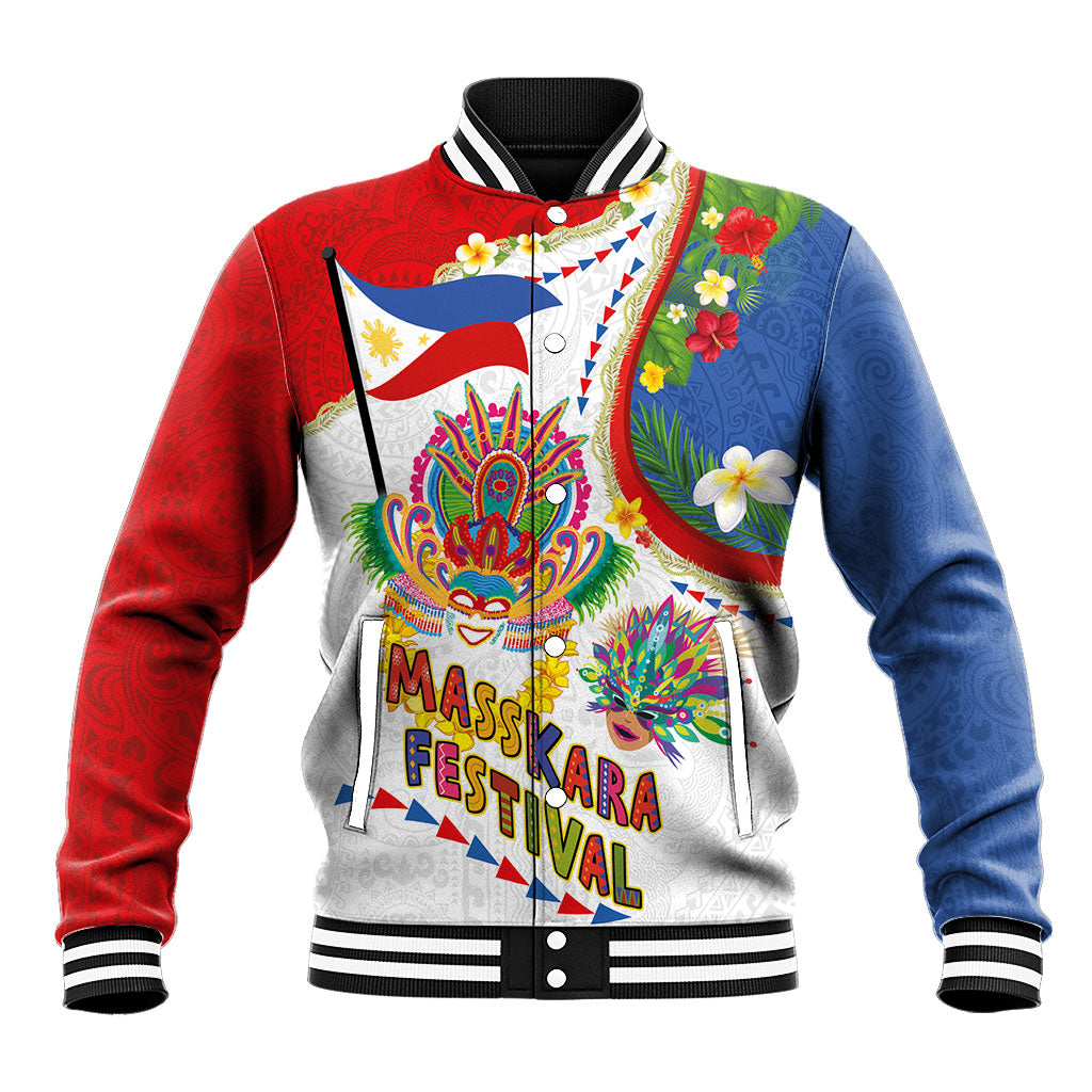 Philippines MassKara Festival Baseball Jacket Smile Masks with Hawaiian Art Pattern and Tropical Plants LT03 Unisex Multicolor - Polynesian Pride