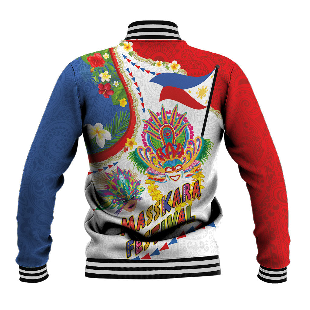 Philippines MassKara Festival Baseball Jacket Smile Masks with Hawaiian Art Pattern and Tropical Plants