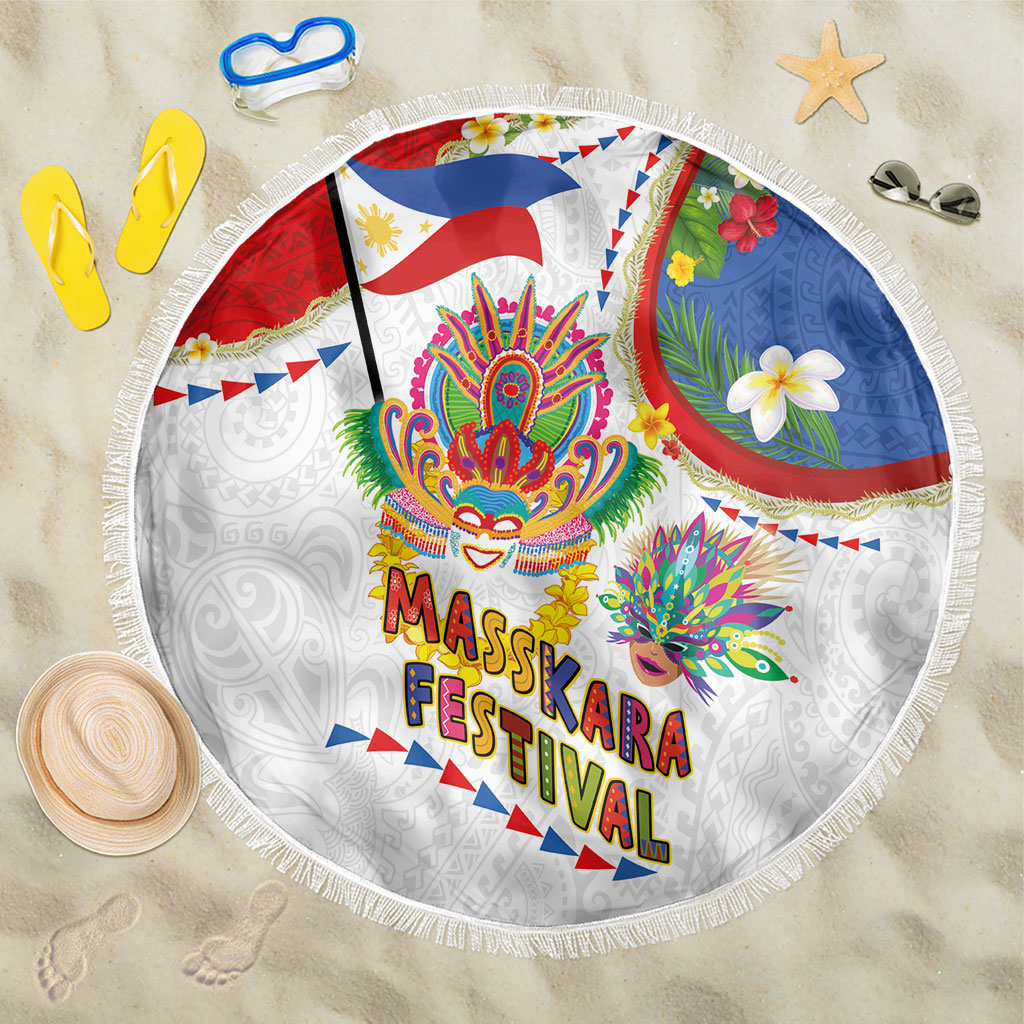 Philippines MassKara Festival Beach Blanket Smile Masks with Hawaiian Art Pattern and Tropical Plants