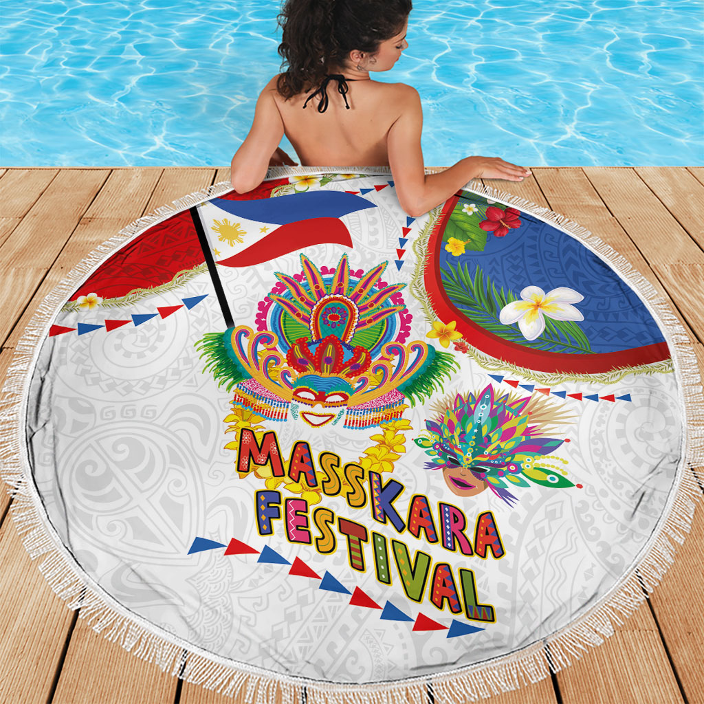 Philippines MassKara Festival Beach Blanket Smile Masks with Hawaiian Art Pattern and Tropical Plants