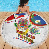 Philippines MassKara Festival Beach Blanket Smile Masks with Hawaiian Art Pattern and Tropical Plants