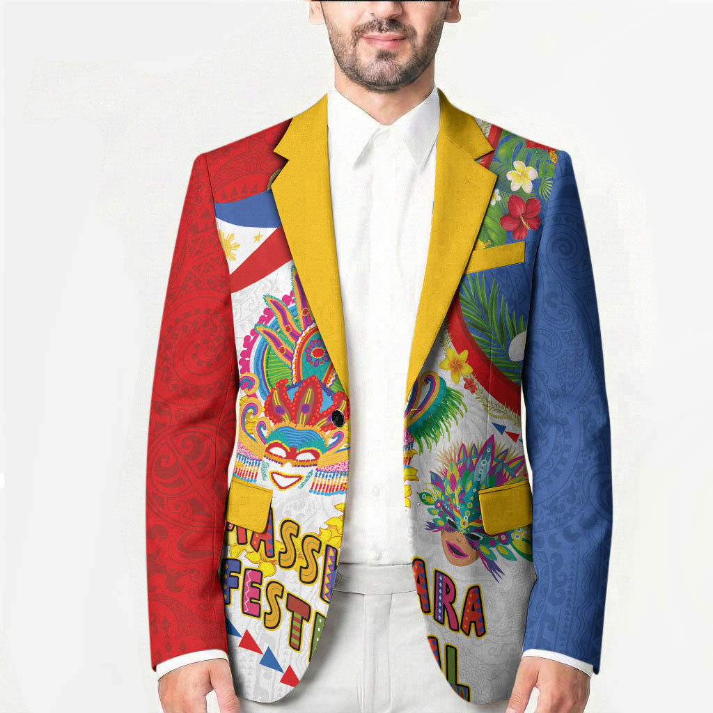 Philippines MassKara Festival Blazer Smile Masks with Hawaiian Art Pattern and Tropical Plants