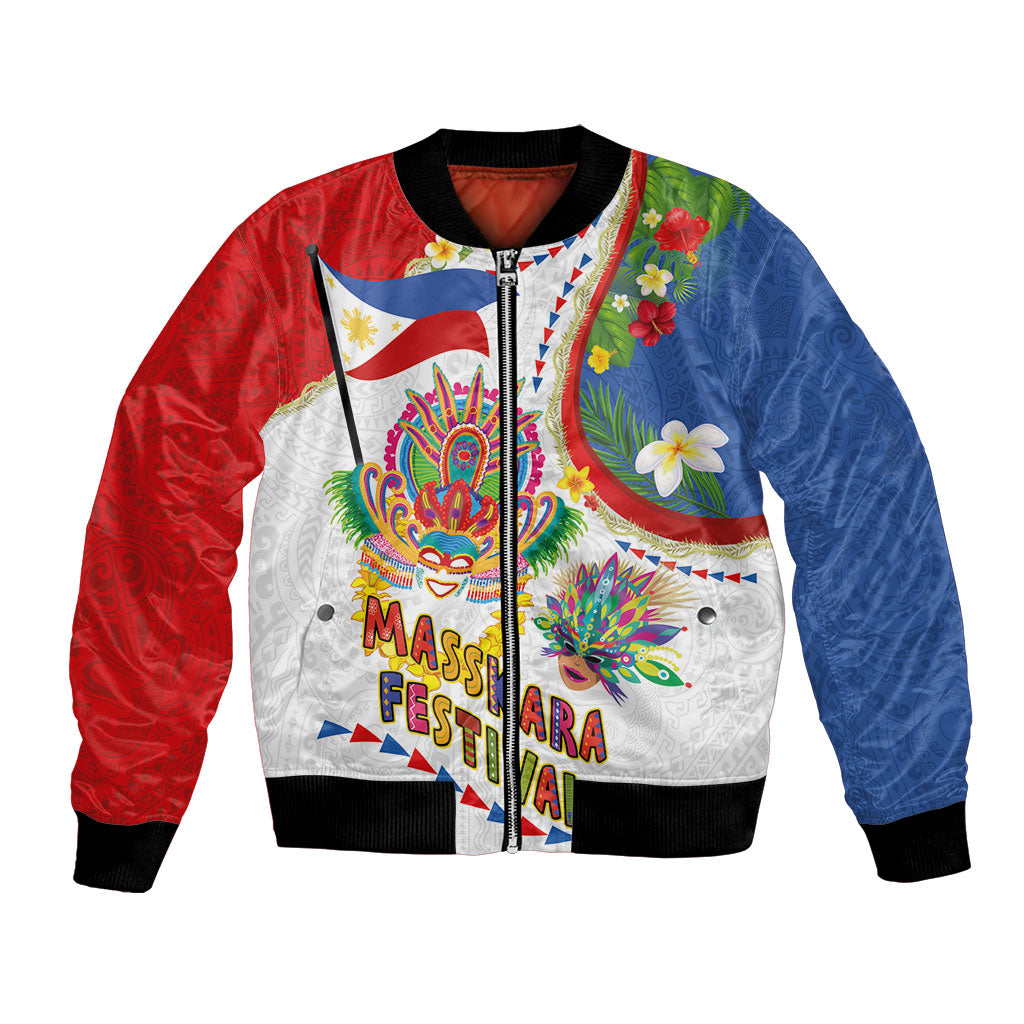 Philippines MassKara Festival Bomber Jacket Smile Masks with Hawaiian Art Pattern and Tropical Plants