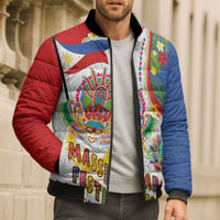 Philippines MassKara Festival Bomber Puffer Jacket Smile Masks with Hawaiian Art Pattern and Tropical Plants