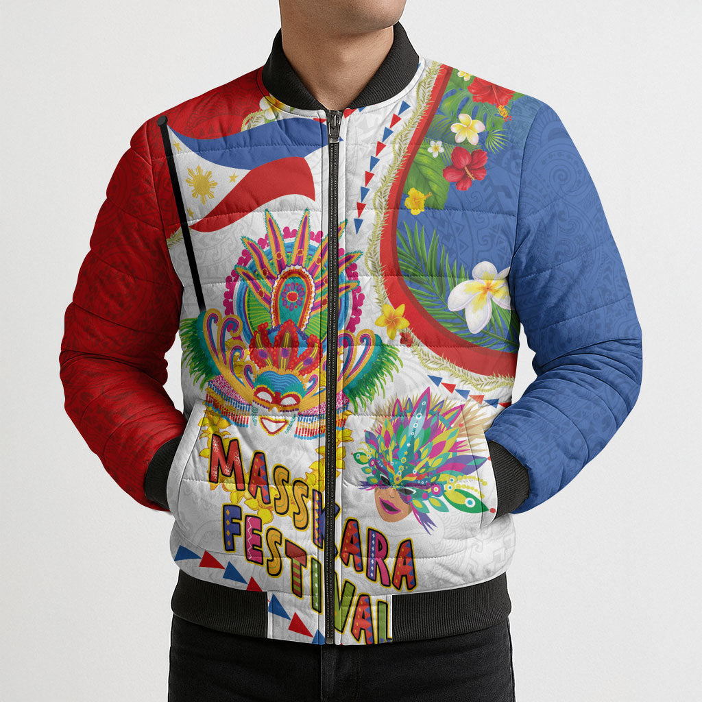 Philippines MassKara Festival Bomber Puffer Jacket Smile Masks with Hawaiian Art Pattern and Tropical Plants