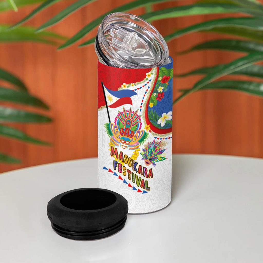 Philippines MassKara Festival 4 in 1 Can Cooler Tumbler Smile Masks with Hawaiian Art Pattern and Tropical Plants