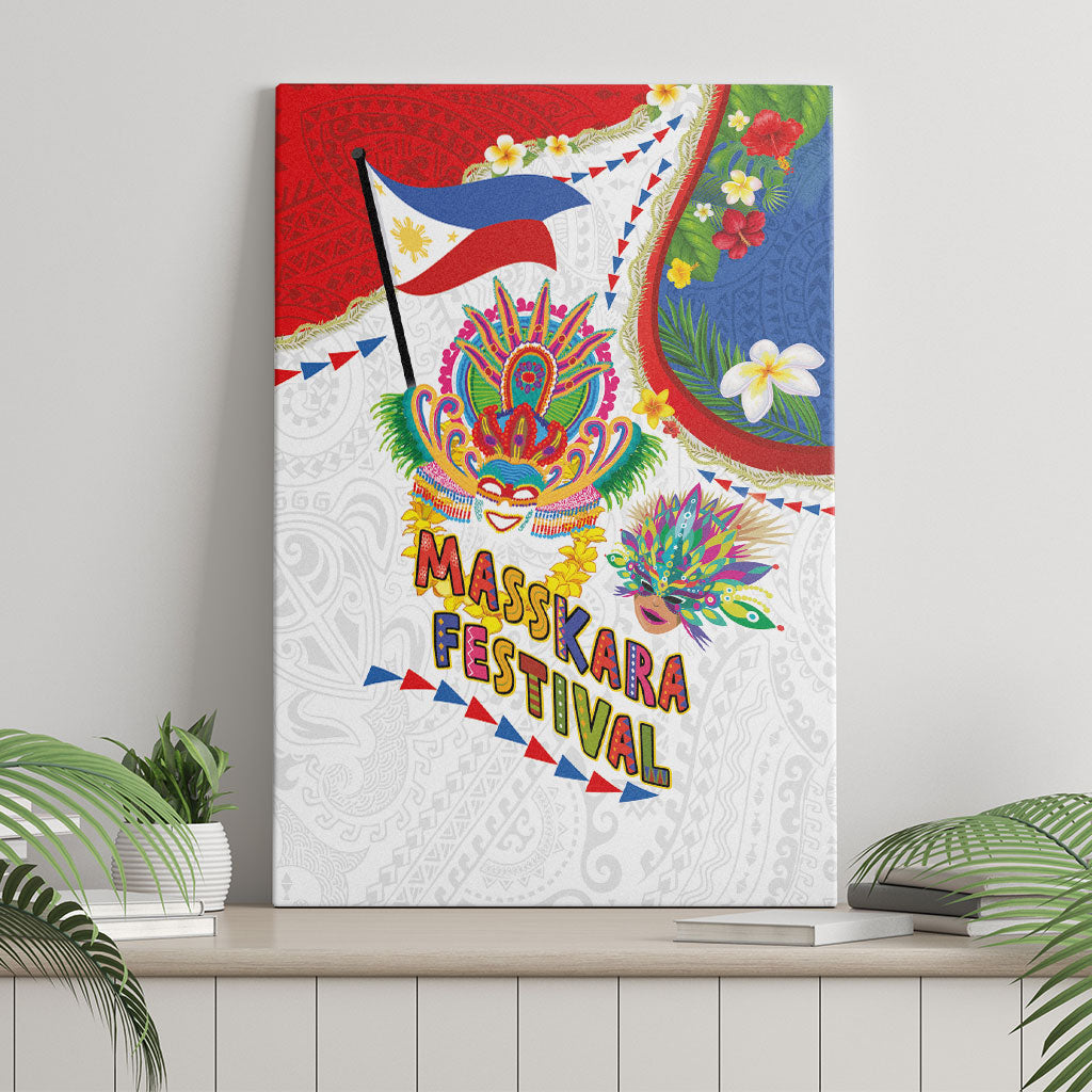 Philippines MassKara Festival Canvas Wall Art Smile Masks with Hawaiian Art Pattern and Tropical Plants