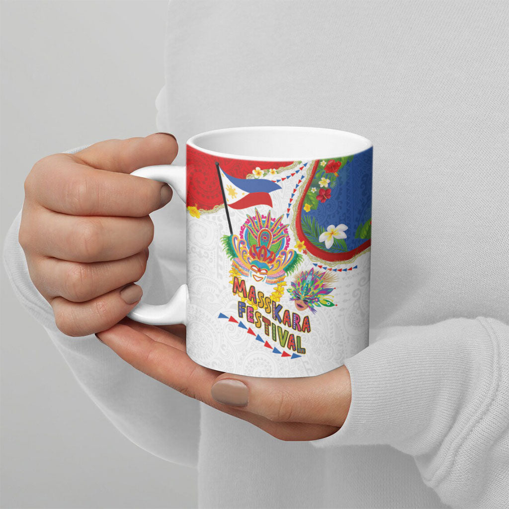Philippines MassKara Festival Ceramic Mug Smile Masks with Hawaiian Art Pattern and Tropical Plants
