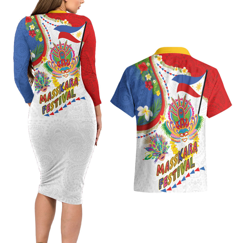 Philippines MassKara Festival Couples Matching Long Sleeve Bodycon Dress and Hawaiian Shirt Smile Masks with Hawaiian Art Pattern and Tropical Plants LT03 - Polynesian Pride