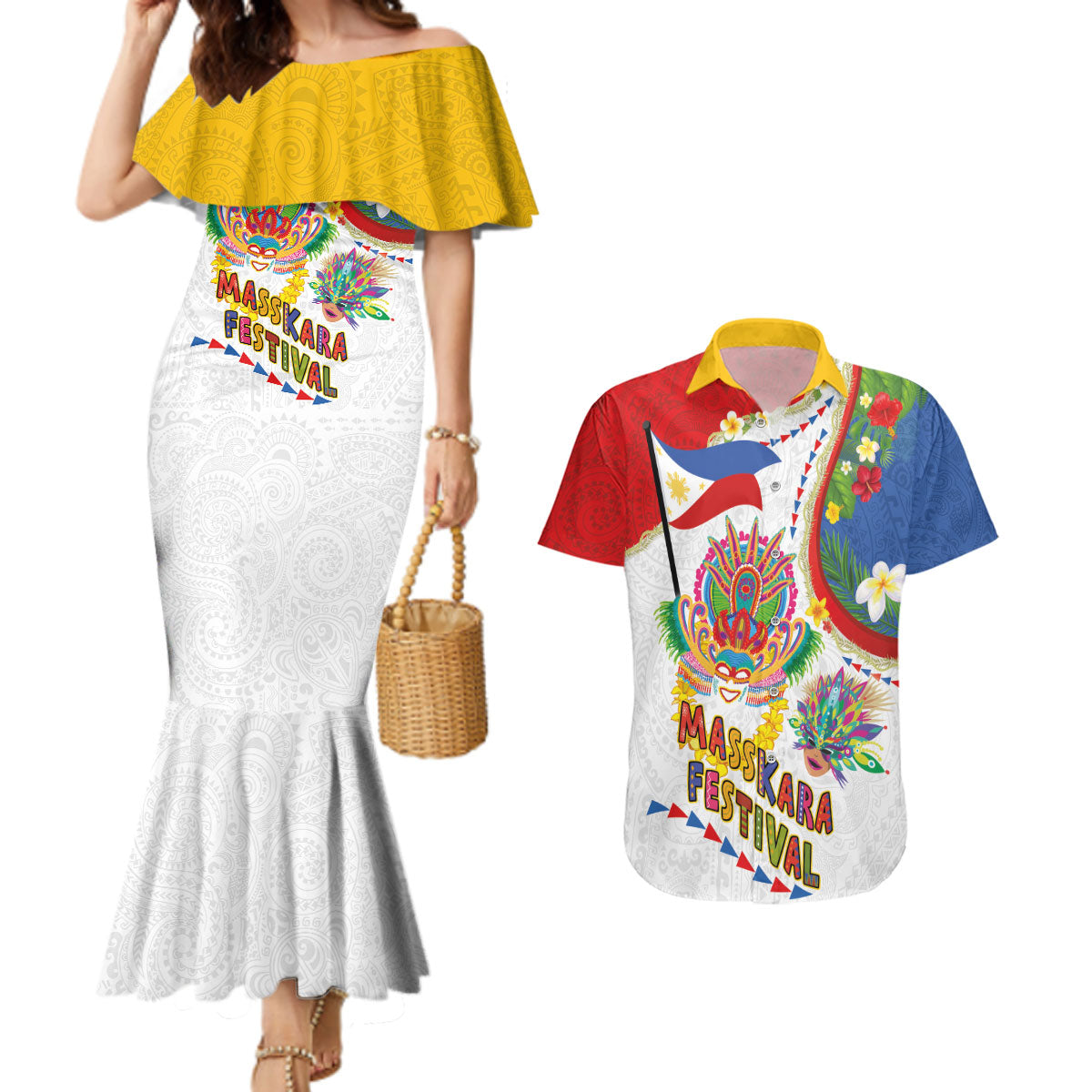 Philippines MassKara Festival Couples Matching Mermaid Dress and Hawaiian Shirt Smile Masks with Hawaiian Art Pattern and Tropical Plants LT03 Multicolor - Polynesian Pride