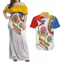 Philippines MassKara Festival Couples Matching Off Shoulder Maxi Dress and Hawaiian Shirt Smile Masks with Hawaiian Art Pattern and Tropical Plants LT03 Multicolor - Polynesian Pride