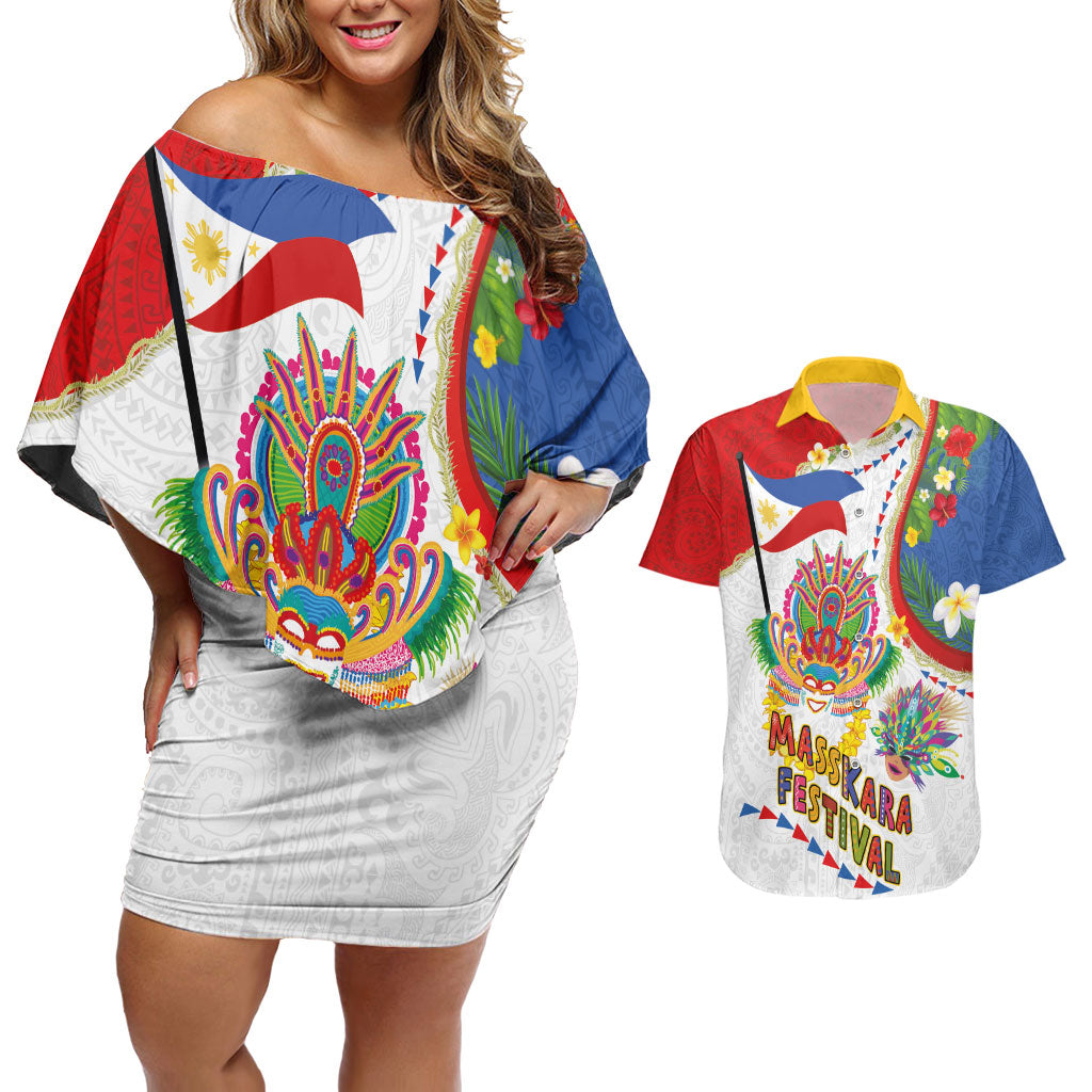 Philippines MassKara Festival Couples Matching Off Shoulder Short Dress and Hawaiian Shirt Smile Masks with Hawaiian Art Pattern and Tropical Plants LT03 Multicolor - Polynesian Pride