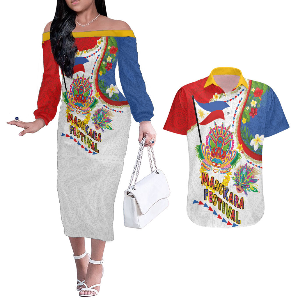 Philippines MassKara Festival Couples Matching Off The Shoulder Long Sleeve Dress and Hawaiian Shirt Smile Masks with Hawaiian Art Pattern and Tropical Plants LT03 Multicolor - Polynesian Pride