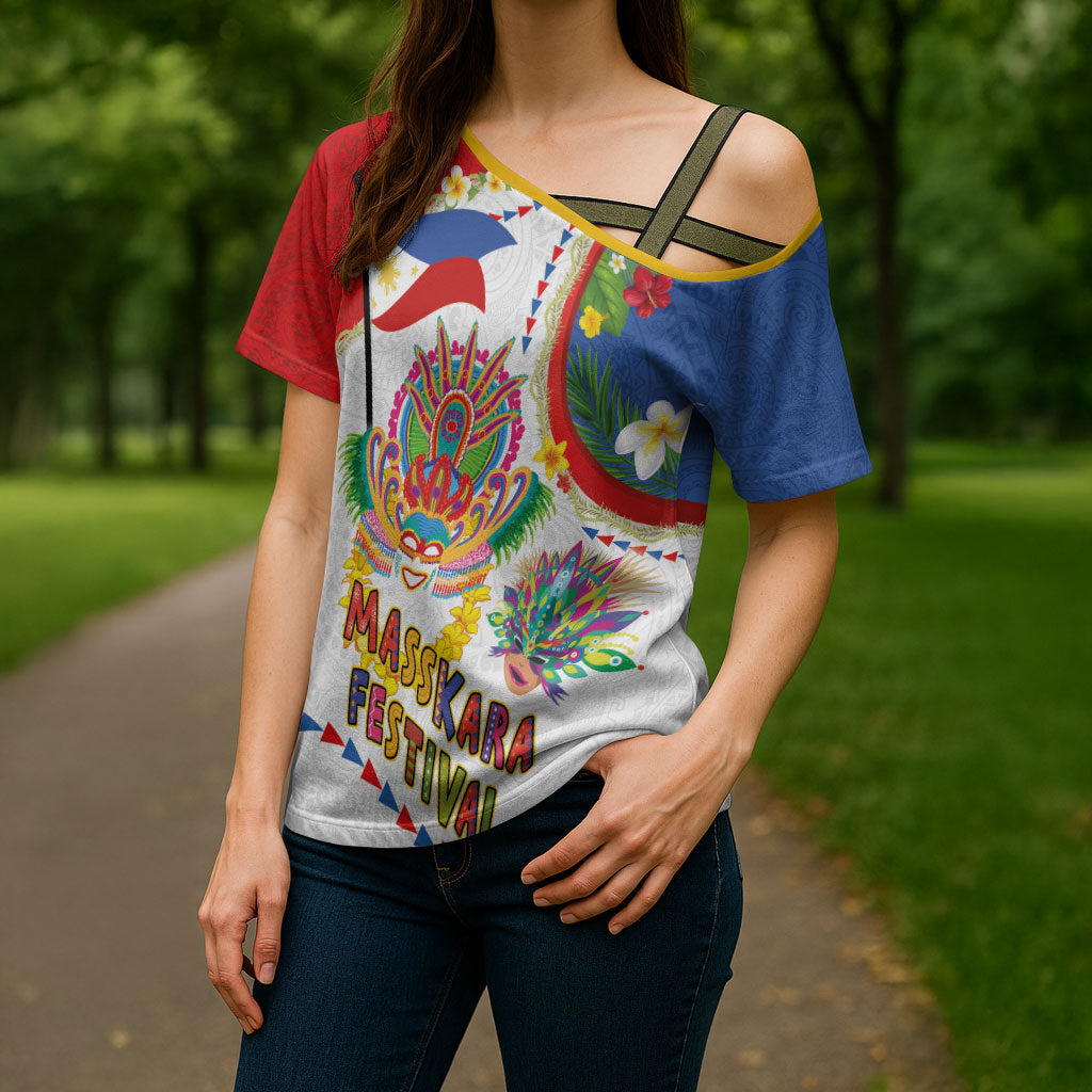 Philippines MassKara Festival Cross Shoulder Shirt Smile Masks with Hawaiian Art Pattern and Tropical Plants
