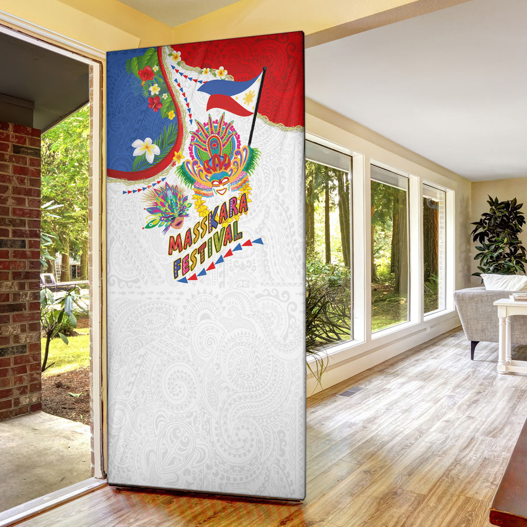 Philippines MassKara Festival Door Cover Smile Masks with Hawaiian Art Pattern and Tropical Plants