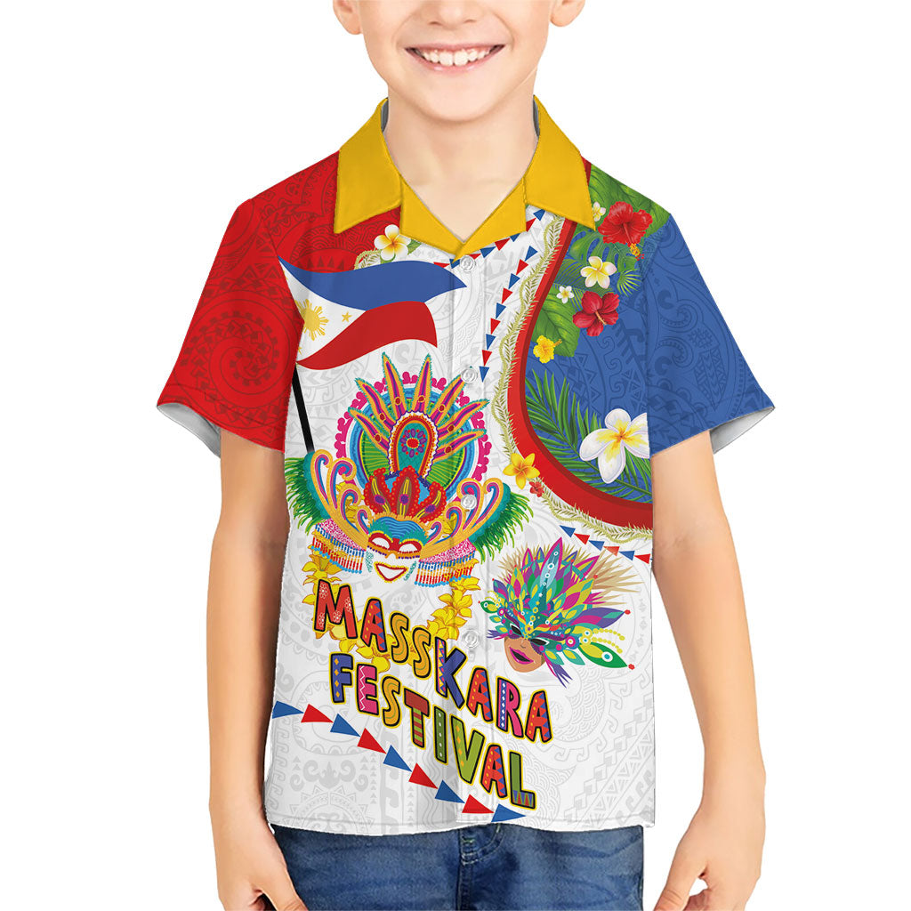 Philippines MassKara Festival Family Matching Mermaid Dress and Hawaiian Shirt Smile Masks with Hawaiian Art Pattern and Tropical Plants LT03 Son's Shirt Multicolor - Polynesian Pride