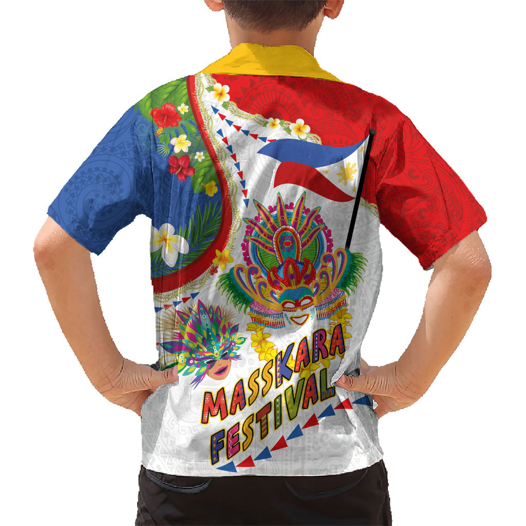 Philippines MassKara Festival Family Matching Off Shoulder Maxi Dress and Hawaiian Shirt Smile Masks with Hawaiian Art Pattern and Tropical Plants LT03 - Polynesian Pride