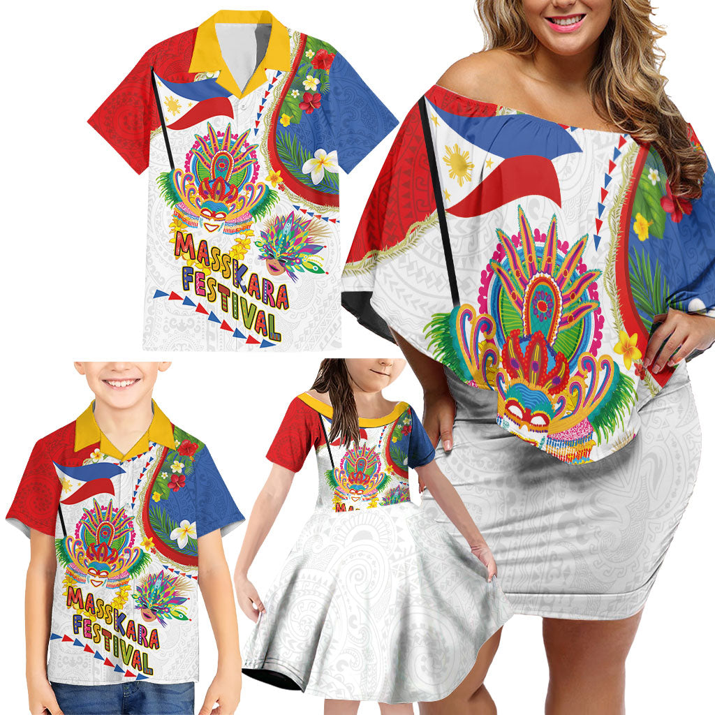 Philippines MassKara Festival Family Matching Off Shoulder Short Dress and Hawaiian Shirt Smile Masks with Hawaiian Art Pattern and Tropical Plants LT03 - Polynesian Pride