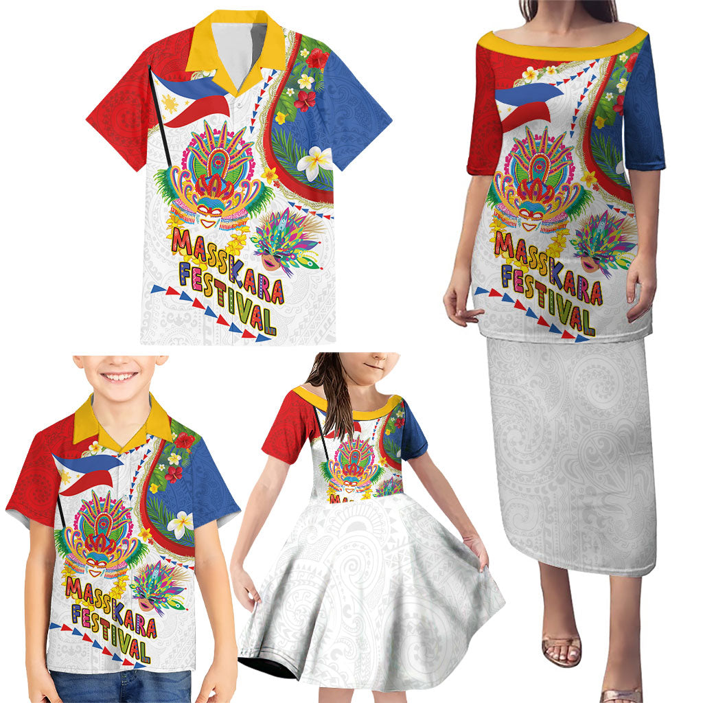 Philippines MassKara Festival Family Matching Puletasi and Hawaiian Shirt Smile Masks with Hawaiian Art Pattern and Tropical Plants LT03 - Polynesian Pride