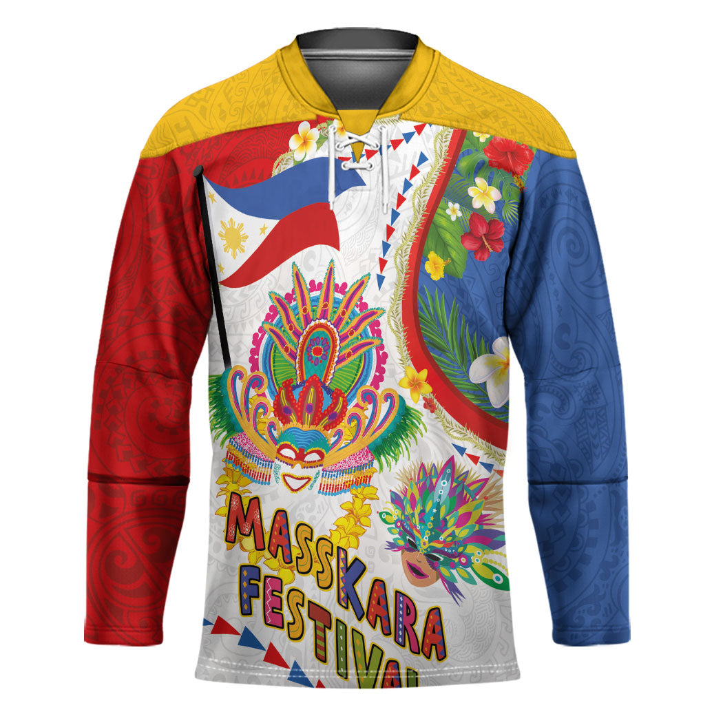 Philippines MassKara Festival Hockey Jersey Smile Masks with Hawaiian Art Pattern and Tropical Plants LT03 Unisex Multicolor - Polynesian Pride
