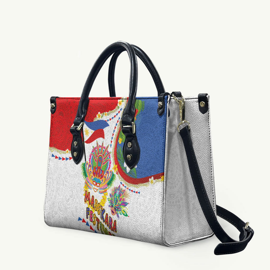 Philippines MassKara Festival Leather Bag Smile Masks with Hawaiian Art Pattern and Tropical Plants