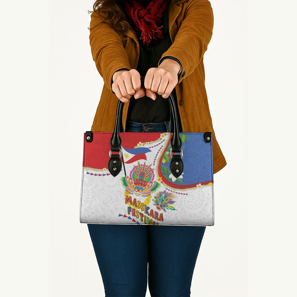 Philippines MassKara Festival Leather Bag Smile Masks with Hawaiian Art Pattern and Tropical Plants