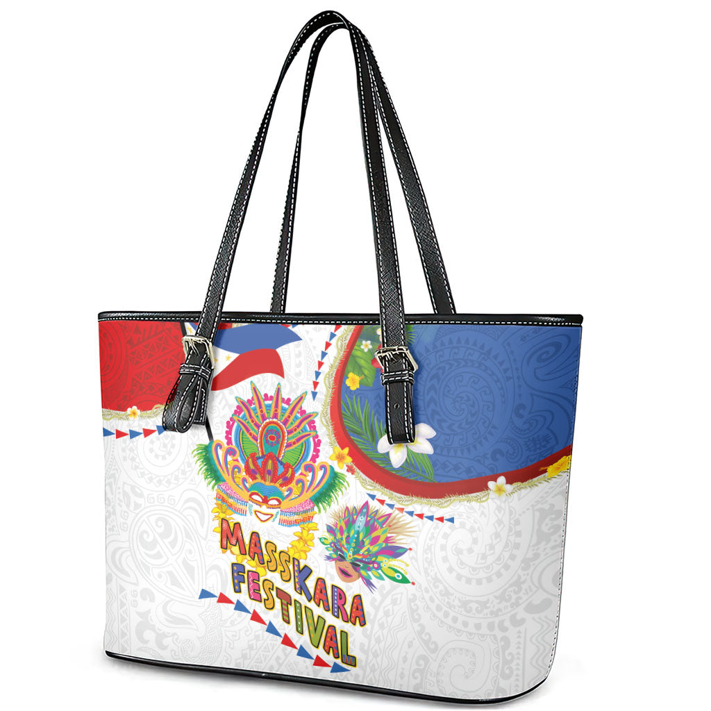 Philippines MassKara Festival Leather Tote Bag Smile Masks with Hawaiian Art Pattern and Tropical Plants