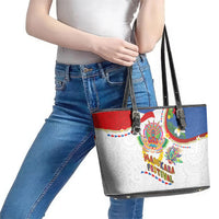 Philippines MassKara Festival Leather Tote Bag Smile Masks with Hawaiian Art Pattern and Tropical Plants