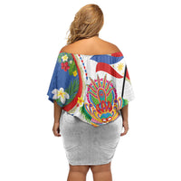 Philippines MassKara Festival Off Shoulder Short Dress Smile Masks with Hawaiian Art Pattern and Tropical Plants