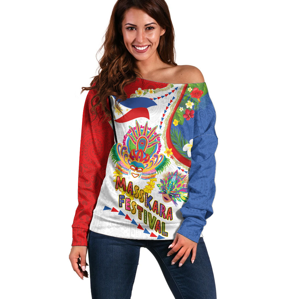 Philippines MassKara Festival Off Shoulder Sweater Smile Masks with Hawaiian Art Pattern and Tropical Plants