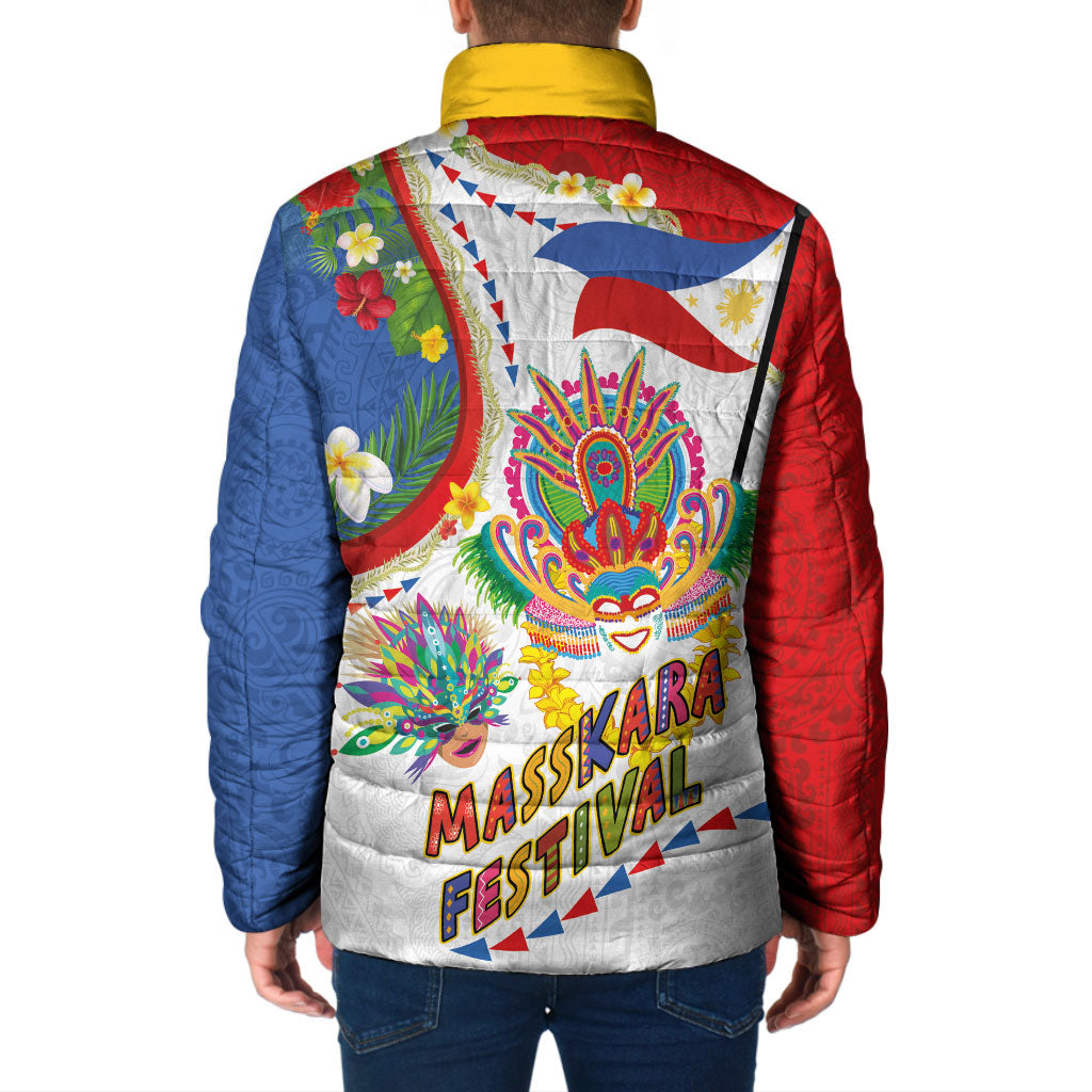 Philippines MassKara Festival Padded Jacket Smile Masks with Hawaiian Art Pattern and Tropical Plants