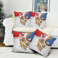 Philippines MassKara Festival Pillow Cover Smile Masks with Hawaiian Art Pattern and Tropical Plants