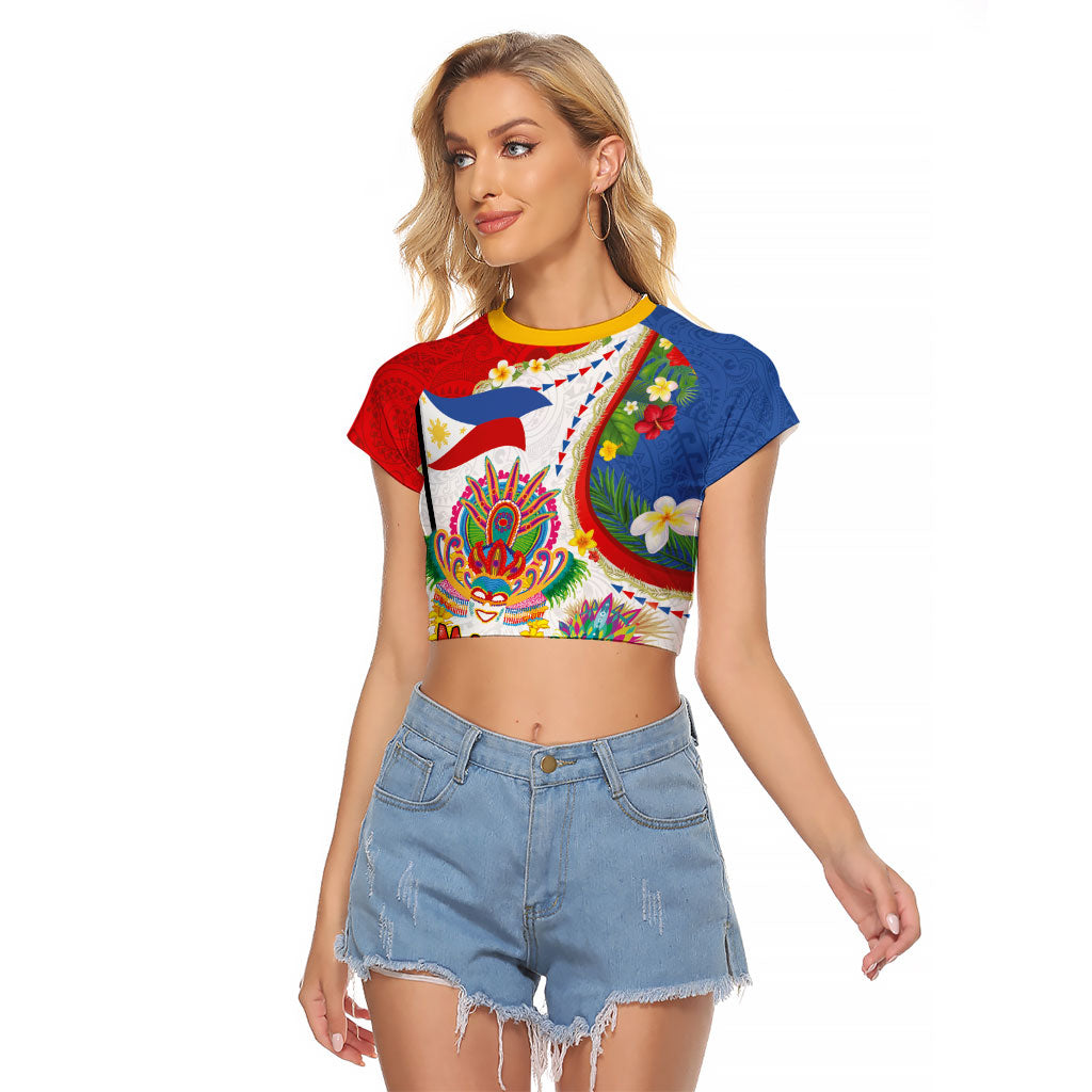 Philippines MassKara Festival Raglan Cropped T Shirt Smile Masks with Hawaiian Art Pattern and Tropical Plants