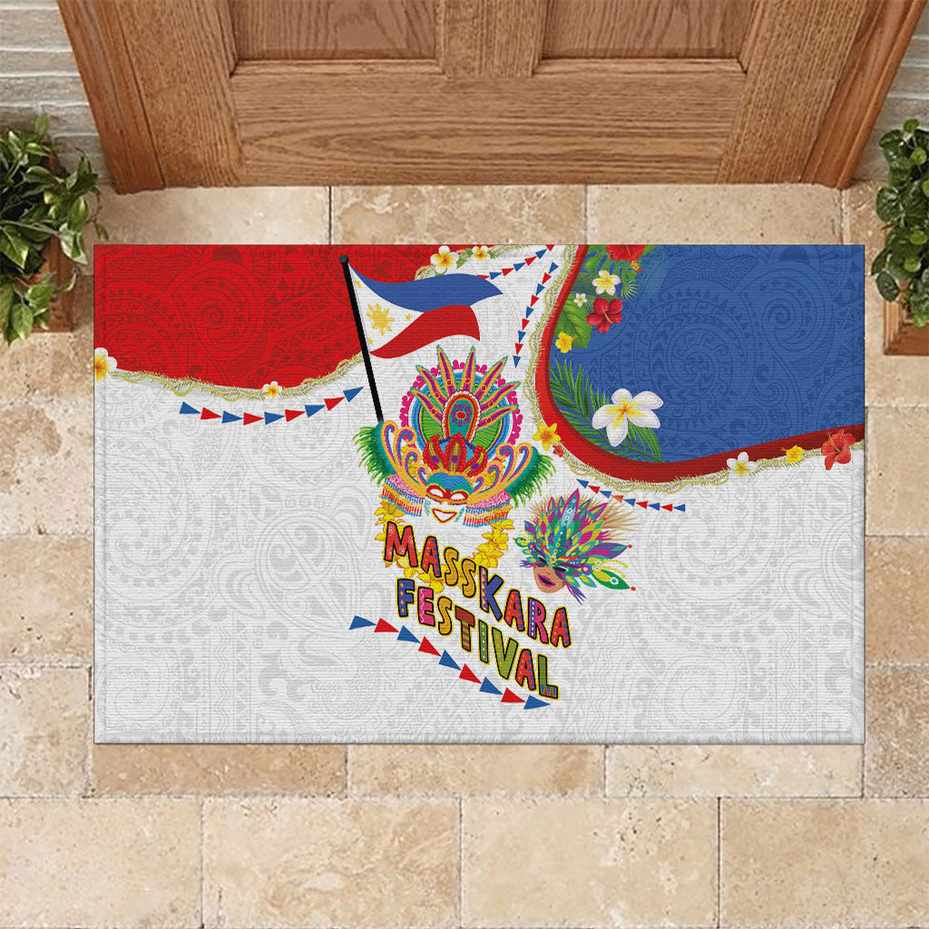 Philippines MassKara Festival Rubber Doormat Smile Masks with Hawaiian Art Pattern and Tropical Plants LT03 Multicolor - Polynesian Pride