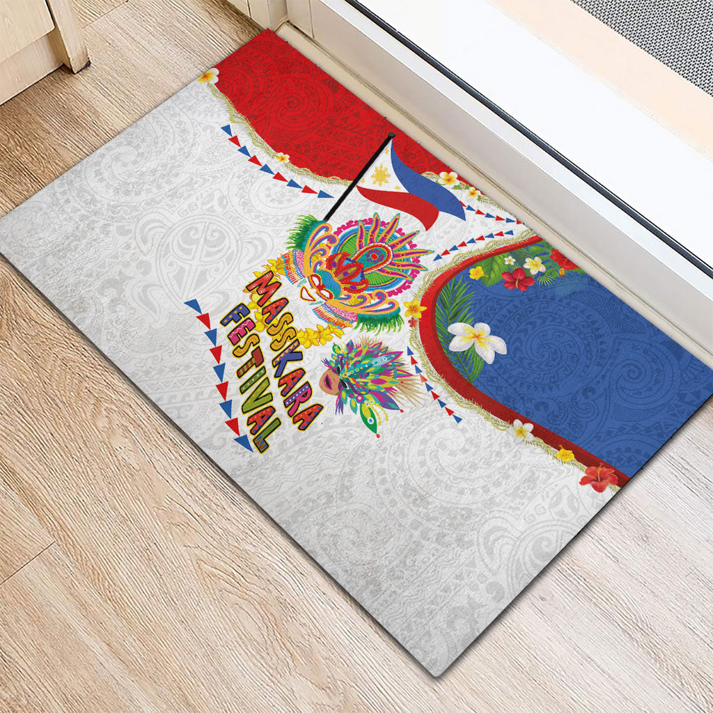 Philippines MassKara Festival Rubber Doormat Smile Masks with Hawaiian Art Pattern and Tropical Plants