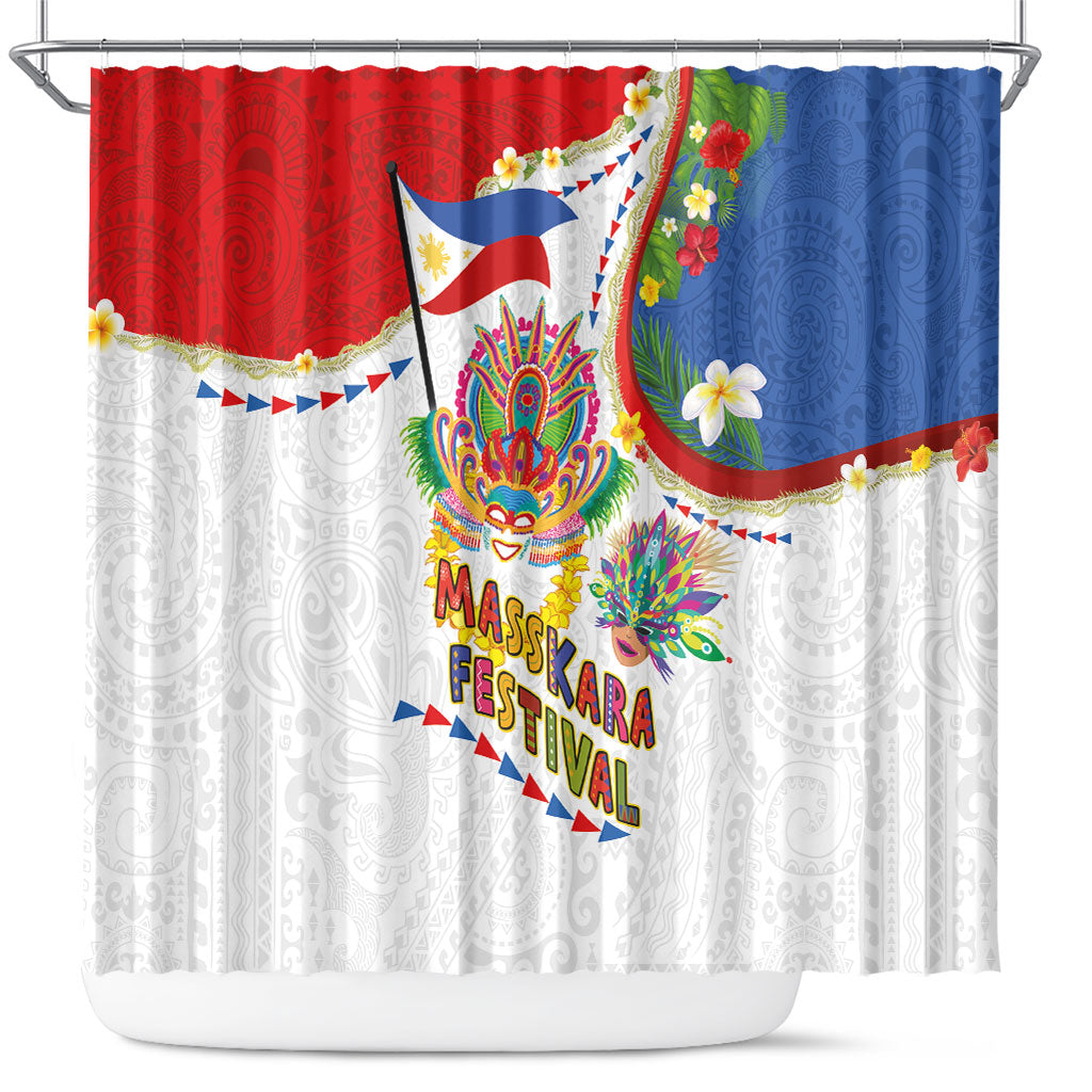 Philippines MassKara Festival Shower Curtain Smile Masks with Hawaiian Art Pattern and Tropical Plants