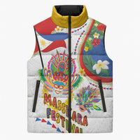 Philippines MassKara Festival Sleeveless Puffer Jacket Smile Masks with Hawaiian Art Pattern and Tropical Plants