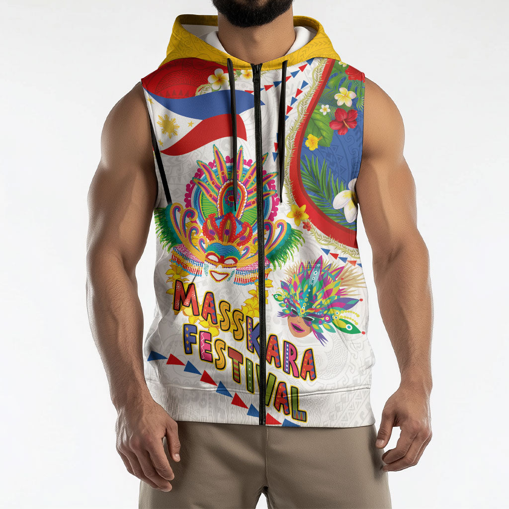 Philippines MassKara Festival Sleeveless Zip Hoodie Smile Masks with Hawaiian Art Pattern and Tropical Plants