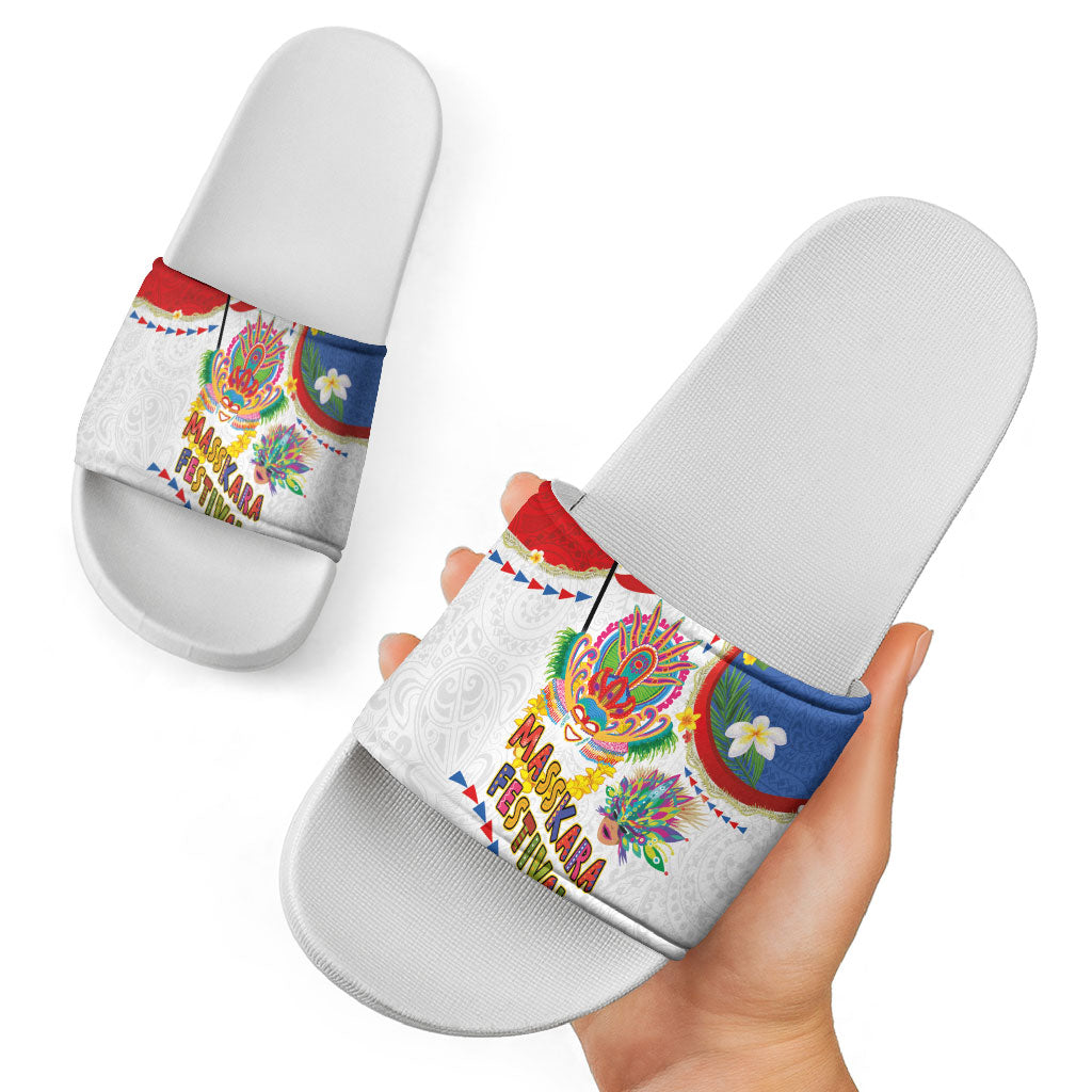 Philippines MassKara Festival Slide Sandals Smile Masks with Hawaiian Art Pattern and Tropical Plants