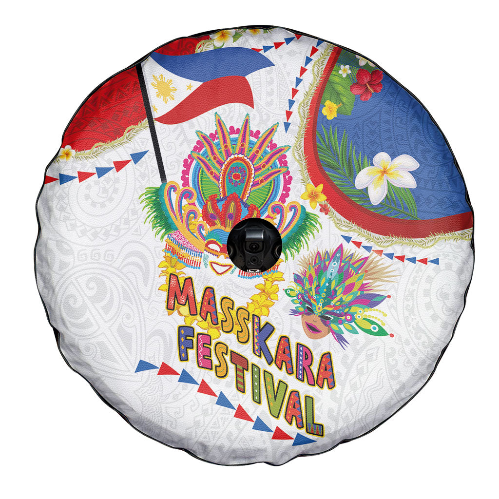 Philippines MassKara Festival Spare Tire Cover Smile Masks with Hawaiian Art Pattern and Tropical Plants