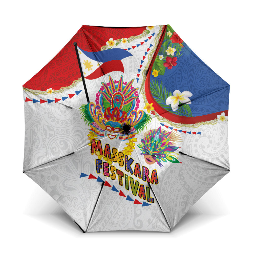 Philippines MassKara Festival Umbrella Smile Masks with Hawaiian Art Pattern and Tropical Plants