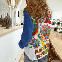 Philippines MassKara Festival Women Casual Shirt Smile Masks with Hawaiian Art Pattern and Tropical Plants LT03 - Polynesian Pride