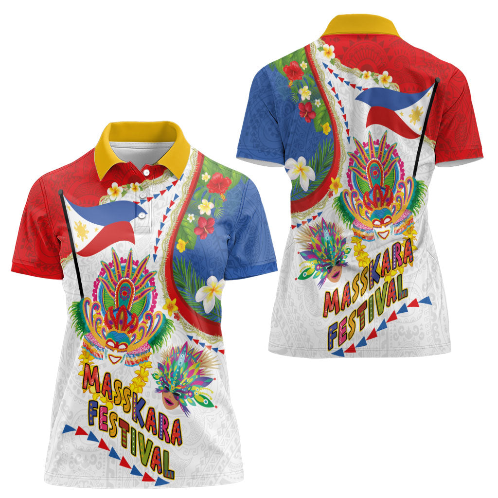 Philippines MassKara Festival Women Polo Shirt Smile Masks with Hawaiian Art Pattern and Tropical Plants LT03 - Polynesian Pride