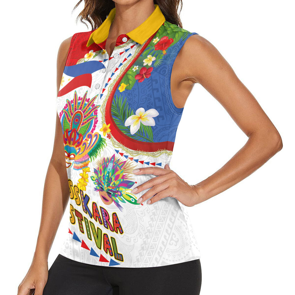 Philippines MassKara Festival Women Sleeveless Polo Shirt Smile Masks with Hawaiian Art Pattern and Tropical Plants LT03 - Polynesian Pride