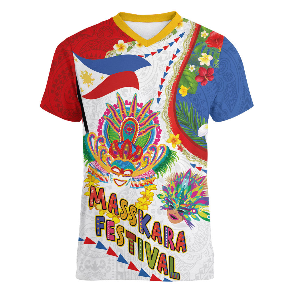 Philippines MassKara Festival Women V-Neck T-Shirt Smile Masks with Hawaiian Art Pattern and Tropical Plants LT03 Female Multicolor - Polynesian Pride