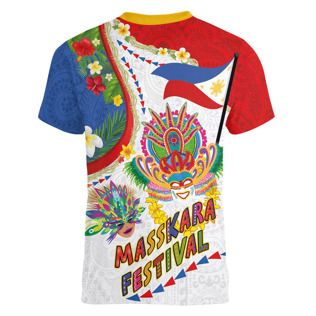 Philippines MassKara Festival Women V-Neck T-Shirt Smile Masks with Hawaiian Art Pattern and Tropical Plants LT03 - Polynesian Pride